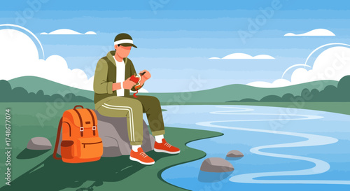 Tranquil Fisherman Enjoying Solitude by Lakeside Preparing Fishing Gear in Scenic Harmony