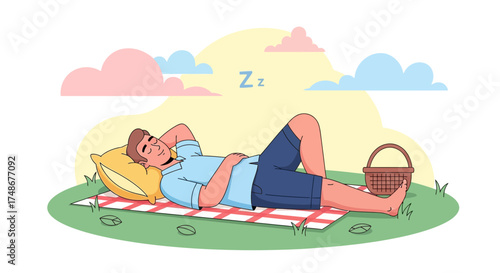 Tranquil Scene Of Man Napping On Picnic Blanket Under Beautiful Sky Peaceful Day.