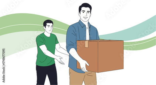 Two Men Cooperate To Transporting Boxes, Illustration of Support and Teamwork
