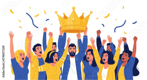 Triumph Of A Winning Team Celebrating Achievement With A Golden Crown In Hand