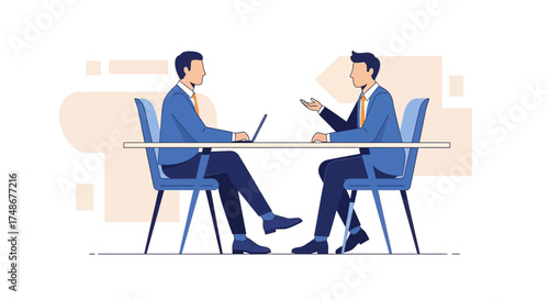 Two Men In Business Suits Discussing Ideas And Plans At A Table In Minimalist Style