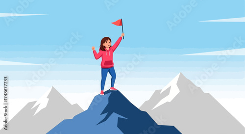 Triumph Of Determination Depicted With Celebratory Achievement On Mountain Peak