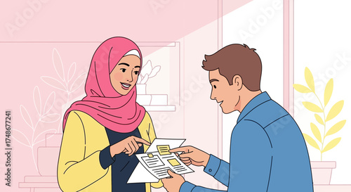 Two people discussing a document, one wearing hijab in animated vector art style