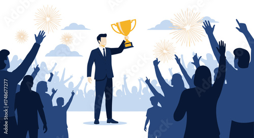 Triumphant Achievement: Businessman Celebrates Victory With Trophy and Cheering Crowd