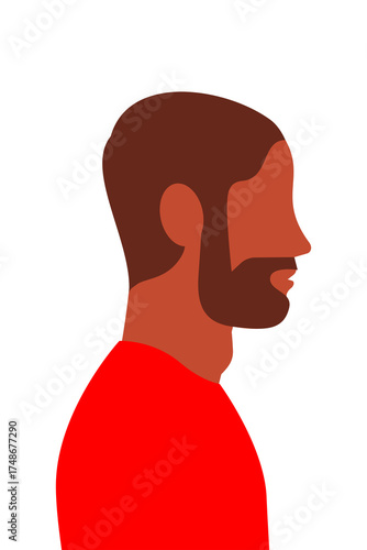 Side-profile vector portrait of a dark-skinned Latino man with short hair, mustache and beard. Flat design, isolated on white, ideal for avatars, character design, editorial, and web projects. PNG