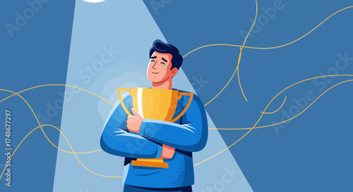 Triumphant Achievement: A Man Celebrates Victory and Holds a Golden Trophy with Pride