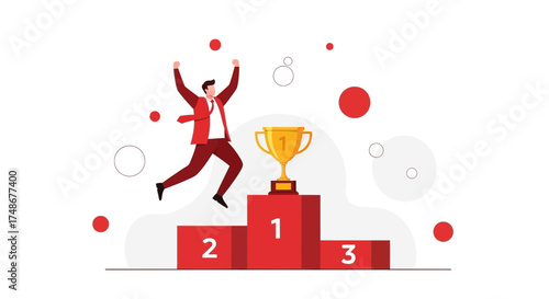 Triumphant Businessperson Celebrates Victory on a Podium After Achieving First Place