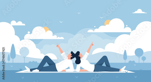 Two People Relaxing And Pointing At The Sky Enjoying A Peaceful Sunny Day