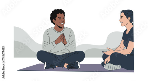 Two people sitting on a mat discussing and interacting vector illustration in a simplified style
