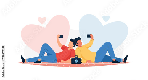 Two people taking a selfie with a phone and a camera creating a vector illustration