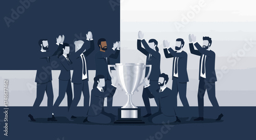 Triumphant Colleagues Celebrate Success With Trophy, Illustrating Teamwork and Achievement