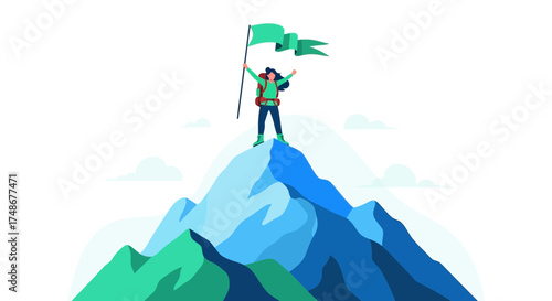 Triumphant Climber atop Mountaintop with Flag Celebrates Achieving Personal Conquest