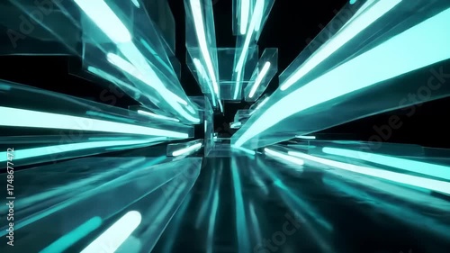 Futuristic data tunnel creates a dynamic abstract visual of glowing blue light streaking through a cyber technological network.