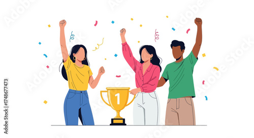 Triumphant Colleagues Celebrate Victory Near Trophy Amidst Colorful Confetti Shower