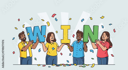 Triumphant Colleagues Displaying Word Win While Showered With Colorful Confetti Celebration