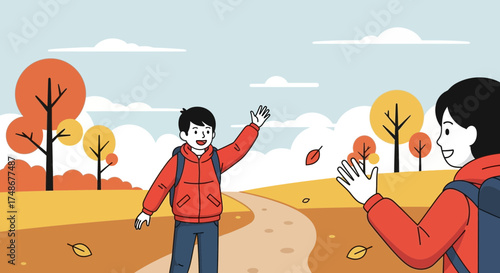 Two people waving hello in a colorful autumn landscape with trees and falling leaves