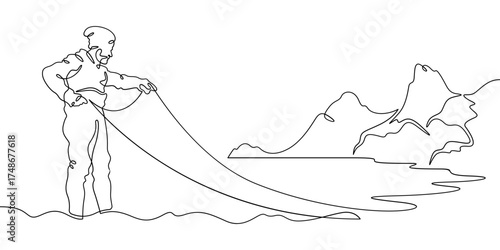 Continuous single line drawing Fisherman with a net. Fisherman on the seashore. Fishing. Linear design. One continuous line isolated minimalist illustration. Not AI.