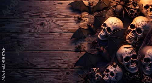 Spooky Halloween Flat Lay: Skulls, Bats, and Spiders on Dark Wooden Background with Copy Space