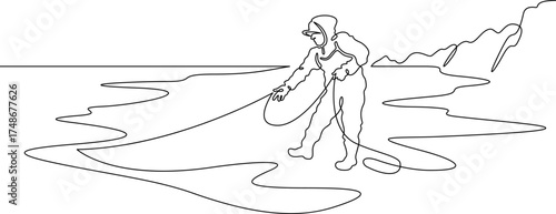 Continuous single line drawing Fisherman with a net. Fisherman on the seashore. Fishing. Linear design. One continuous line isolated minimalist illustration. Not AI.