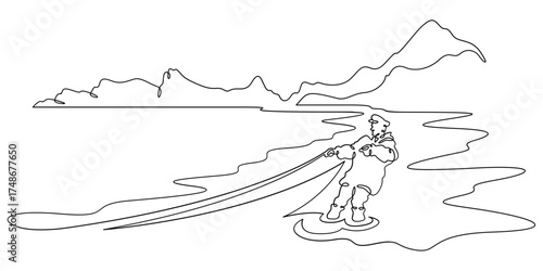 Continuous single line drawing Fisherman with a net. Fisherman on the seashore. Fishing. Linear design. One continuous line isolated minimalist illustration. Not AI.