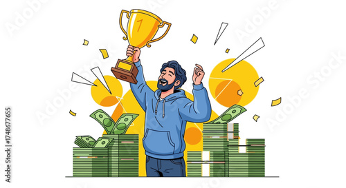 Triumphant Individual Celebrating Victory with Trophy and Abundant Wealth, Illustration