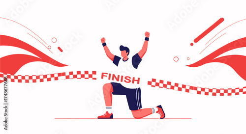 Triumphant Joyous Runner Crossing Finish Line, Celebrates Achievement, Winning Race