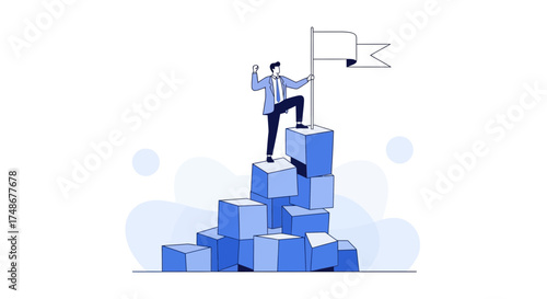 Triumphant Person Reaching Peak, Achieving Success And Standing Victoriously On A High Platform of