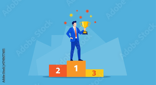 Triumphant Leader Celebrates Victory Holding Trophy on Podium with Colorful Abstract Elements