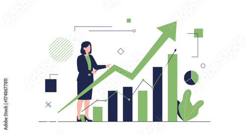 Upward Trend Presentation: Businesswoman Interpreting Growth Figures, Progress Charts, and Success