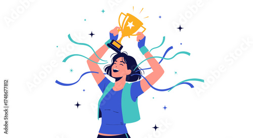 Triumphant Winner Joyfully Celebrating Achievement Holding Golden Trophy and Festive Streamers