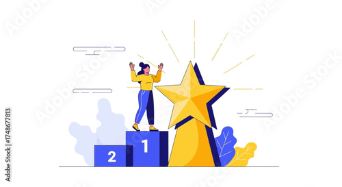 Triumphant Woman Achieving Success, Celebrating Victory Beside Gleaming Golden Star Symbol