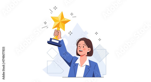Triumphant Woman Ascending Star Trophy Symbolizing Achievement and Career Success