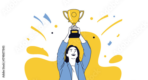Triumphant Woman Celebrates Her Achievement, Holding Up a Shiny Golden Trophy