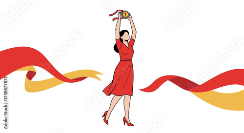 Triumphant Woman Celebrates Victory Holding Medal Amidst Swirling Ribbons of Success