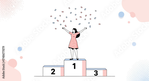 Triumphant Woman Celebrates Victory on Podium with Confetti, Representing Success