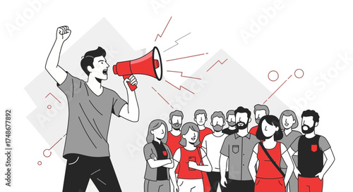 Vector Illustration Depicting a Group of People Protesting and the Use a Megaphone