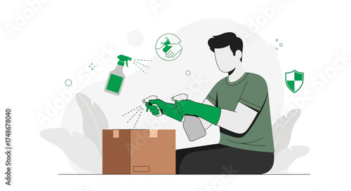 Vector illustration of a person disinfecting a package with sanitizing spray in a clean theme