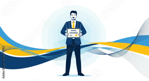 Vector illustration of a person holding a certificate, concept of achievement