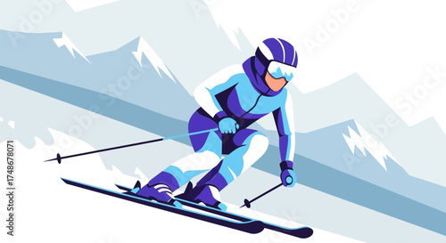 Vector illustration of a skier racing down a snowy mountain slope in winter