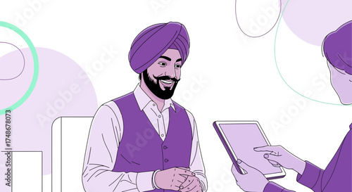 Vector illustration of a sikh man in a conversation with digital device