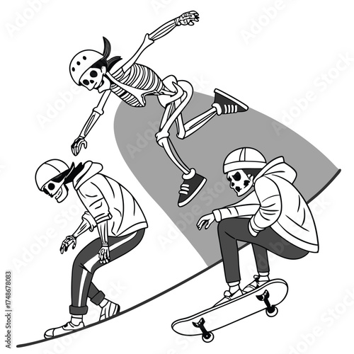 Skeletons skateboarding illustration of extreme sports perfect for edgy designs and urban culture projects
