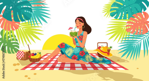 Tropical Picnic Scene: Woman Enjoying Drink On Beach Amidst Lush Foliage Outdoors
