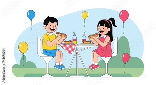 Two children enjoying a picnic with hotdogs and balloons on a sunny day