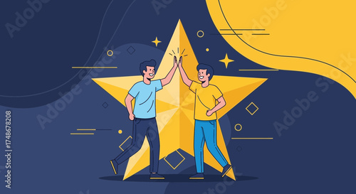 Two cartoon people happy and celebrating success in a star shape on background