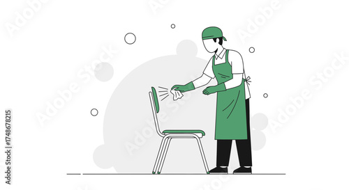 Vector Illustration Of Janitor Cleaning Chair, Ensuring Sanitation And Cleanliness For Environments