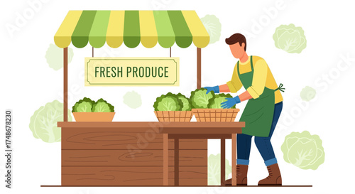 Vendor At Fresh Produce Stall Arranging Vegetables on Display for Sale to Customers