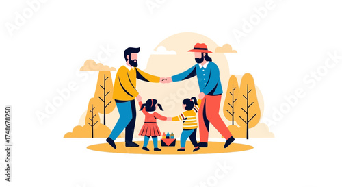 Two Fathers With Their Children Enjoying A Sunny Day In The Park Together