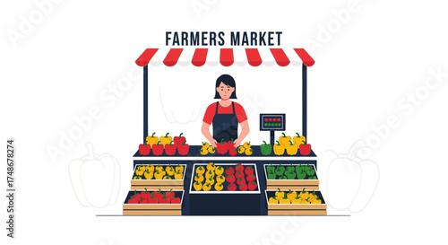 Vendor Presenting Fresh Produce At A Farmers Market Stall With Colorful Sweet Peppers