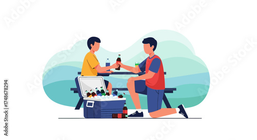 Two Friends Sharing Drinks Outdoors Enjoying Leisure Time Together During Sunny Afternoon