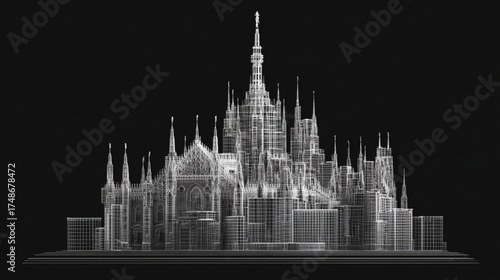 Architectural Wireframe Model of a Gothic Cathedral Building.